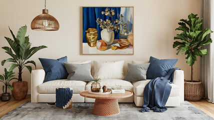interior design mockup Warm and inviting home decor still life with neutral colors and natural elements Sapphire Blue Deep blue gold white charcoal Oil Painting