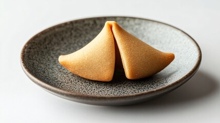 A single fortune cookie resting on a small ceramic plate, isolated on a minimalist white background