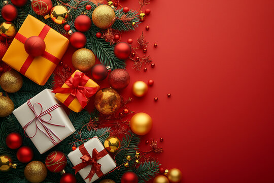 A red and gold background with a bunch of Christmas decorations including a bunc