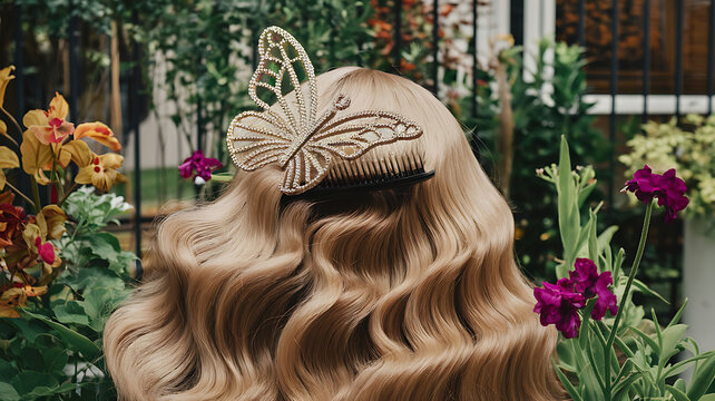 Beauty A butterflyshaped hairbrush made of shimmering gold gently brushing through a silky mane in a luxurious garden Photography copyspace Telephoto Lens A telephoto lens typically 85mm to 200mm all