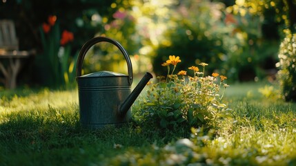 Watering Can Resting Beside Blooming Yellow Flowers In Garden