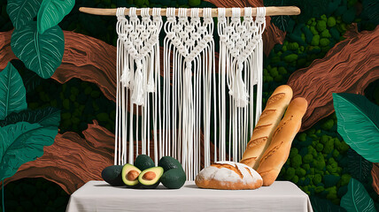 interior design mockup Bohemian Macrame Backdrop with Fresh Avocados and Artisan Bread for Summer Market Rainforest Emerald green moss bark brown orchid purple Abstract