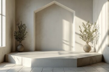 A minimalist interior space with a raised platform and decorative plants in vases.