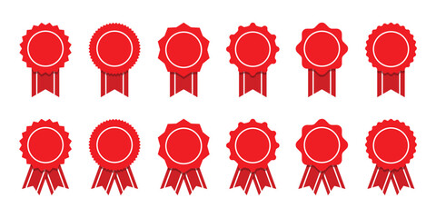 Medal with ribbon set vector illustration. Winner award icon. Best choice badge. Achievement label.