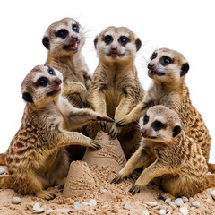 group of playful meerkats trying to buildsandcastle using tiny pebbles isolated on white background cutout png design asset funny conceptRenaissance