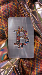 Bitcoin symbol etched into a blank metallic card mockup Photography copyspace glossy effect