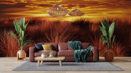 interior design mockup Interior background with plant 3d rendering Savannah Sunset Amber brick red dark brown gold Pointillism