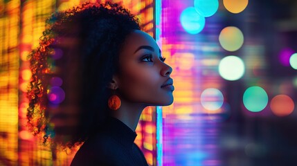 A woman gazes thoughtfully against a vibrant, colorful backdrop.