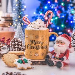 Create a cozy Christmas scene featuring a festive yellow mug with decorated cookies on a wooden platter filled with hot chocolate topped with whipped cream and colorful candy canes