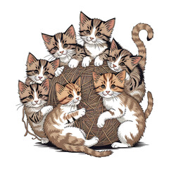 Obraz premium group of playful kittens tangled inyarn ballfluffy chaotic scene isolated on white background cutout png design asset funny conceptFauvism
