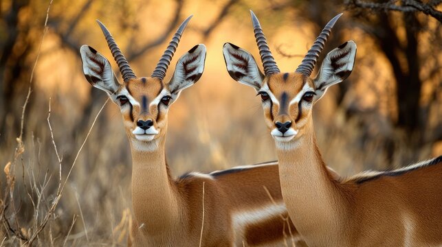 Two graceful springboks gaze intently at the viewer