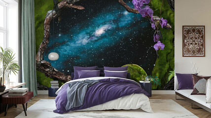 interior design mockup Starry Night Bedroom Deep blues and purples galaxyprinted wallpaper soft lighting a dreamy and calming space Rainforest Emerald green moss bark brown orchid purple Stencil Art