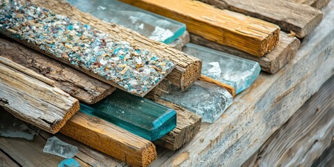 A close-up of eco-friendly building materials like reclaimed wood and recycled glass.