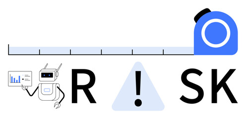 Robot holding a data chart, RISK text featuring exclamation mark in triangle, tape measure above letters. Ideal for risk management, data analysis, business strategy, AI, measurement, statistics