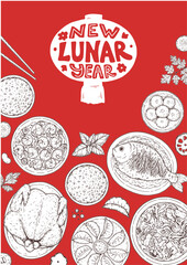 Foods of Chinese Lunar New Year frame. Hand drawn vector illustration. Chinese Food sketch. Holiday menu. Food design template.