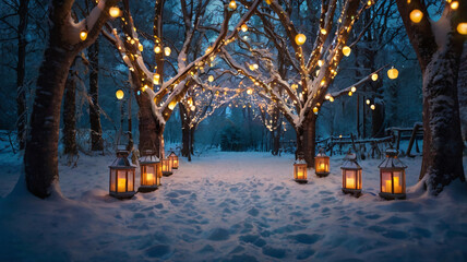 Frosty trees line a snow-covered path winding through a winter wonderland