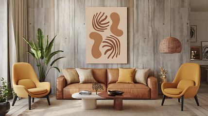 interior design mockup Minimalist boho home interior design of modern spacious bright living room with beige chairs and a sofa Abstract artwork in beige tones decorates the concrete wall Harvest Time