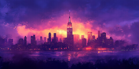 Fototapeta premium dramatic painted cityscape with modern skyscrapers and bright reflections in the water of the river on sunset