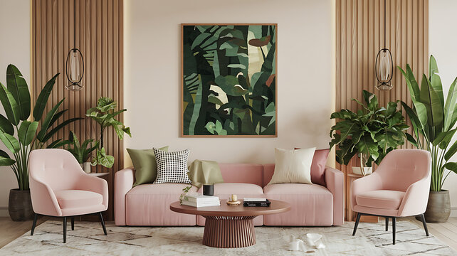 interior design mockup Urban Jungle Deep greens natural wood accents lush plants a vibrant and energetic space Neutral Blush Pale pink warm beige taupe cream Geometric Art