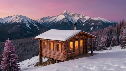 A cozy wooden chalet nestled amidst snow-capped alpine mountains