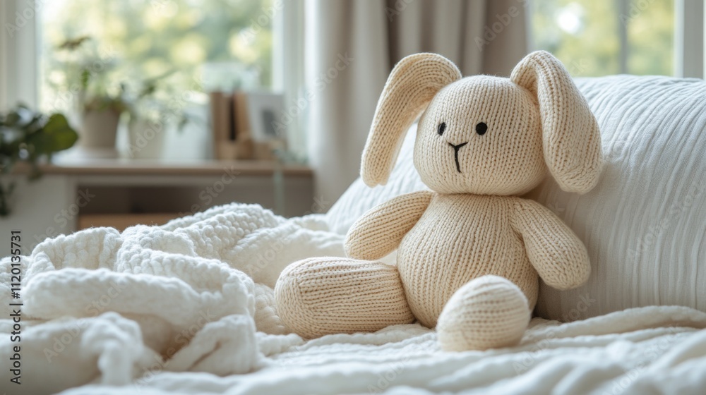 Poster a soft, knitted bunny is perched on a cozy bed adorned with white blankets. bright sunlight filters 