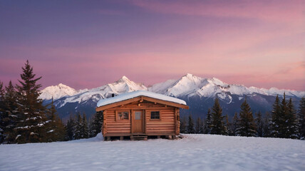 A cozy wooden chalet nestled amidst snow-kissed alpine peaks