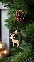 Pine Fairy Box Cute Wooden Reindeer Ornament Hanging on Pine Tree with Pinecone