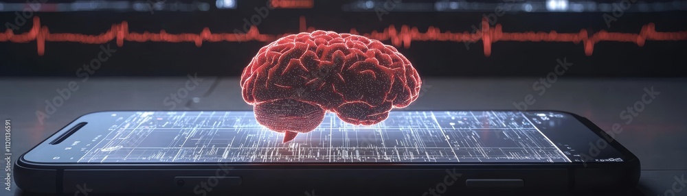 Poster futuristic ai mobile interaction on smartphone screen digital brain visualization tech environment c