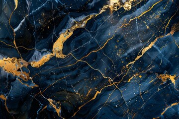 Image of Navy blue dark marble pattern with golden veins. Texture for background usage