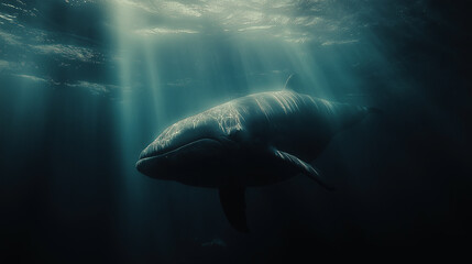 Fototapeta premium Majestic Whale in Deep Ocean Sunlight. Concept of marine life, wildlife, and underwater beauty.