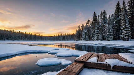 Frozen winter landscape with a breathtaking sunrise over a snowy mountain range