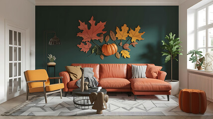 interior design mockup Minimalist interior design of modern living room with rustic accent pieces Created with generative AI Autumn Leaves Rust red pumpkin orange mustard yellow olive green Game Conc