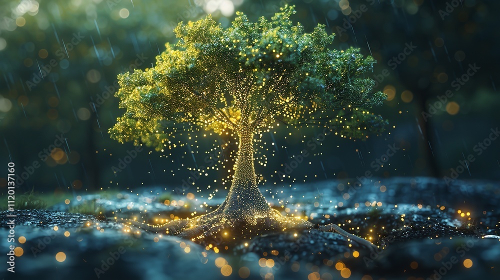 Poster image of a tree connected network cyber data with dots and lines.