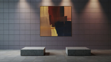 interior design mockup 3D rendering of a gray stone wall with two stone podiums in front of it Oil Painting Ochre deep red dark blue brown Minimalism