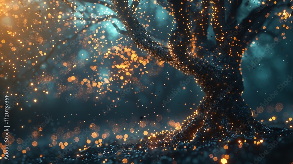 Poster image of a tree connected network cyber data with dots and lines.