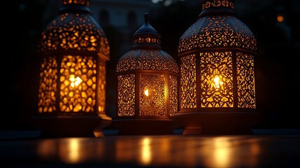 Three ornate lanterns glowing warmly in the dark.