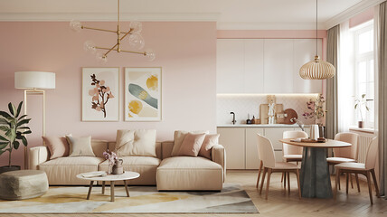 interior design mockup Interior design of modern scandinavian apartment living room with beige sofa and dining room panorama 3d rendering Spring Awakening Blush pink soft yellow mint sky blue Lofi Ae