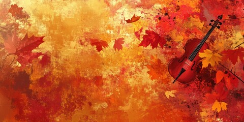 Autumnal Violin Amidst Falling Maple Leaves