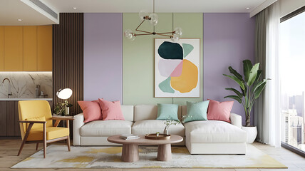 interior design mockup Modern weiss apartment interior panorama Bold Pastels Lavender bright coral mint green sunshine yellow NeoExpressionism
