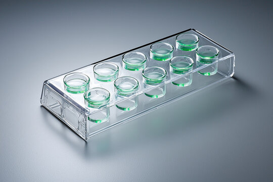 Transparent microarray slide with fluorescent green samples arranged neatly. Ideal for scientific research and laboratory use, showcasing precision and clarity