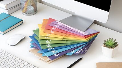 A rainbow of savings envelopes each with a different currency symbol stacked neatly on a desk Photography copyspace glossy effect