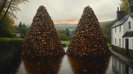 Two large conical woodpiles reflect in calm water, beside a house and autumnal landscape.