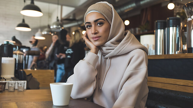 Casual Everyday A Muslim woman wearing a comfy hoodie and a beaniestyle hijab sitting casually in a coffee shop with natural nomakeup beauty Photography copyspace - Powered by Adobe