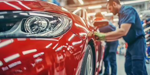 A close-up of workers inspecting a newly assembled car in a manufacturing facility, highlighting craftsmanship and quality assurance.
