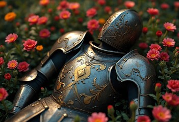 Dark gothic art, fallen knight, ornate armor discarded among vibrant flowers