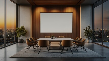Modern conference room with a large screen and city view at sunset.