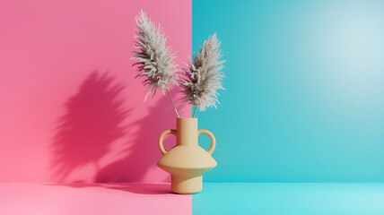 interior design mockup Still life photography of a ceramic vase and pampas grass on a solid background in neutral colors with a minimalist style Retro Miami Hot pink aqua sunshine yellow white Concep