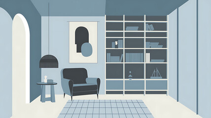 interior design mockup Minimalist japandi style interior design of modern living room Cozy reading corner with gray armchair abstract wall art and builtin bookshelf Urban Gray Charcoal silver slate b
