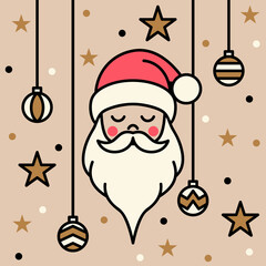 Minimalistyczna kartka świąteczna. Głowa Świętego Mikołaja, bombki i gwiazdki. Prosta ilustracja wektorowa. © Monika