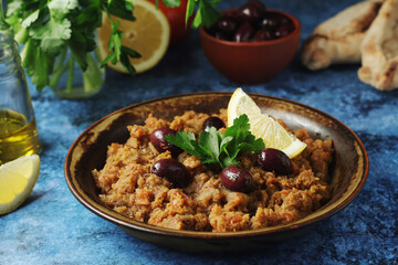 A plate with traditional Moroccan salad zaalouk